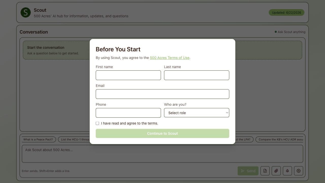 Scout AI support system interface for 500 Acres
